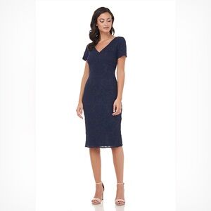 JS COLLECTIONS size 6 Erin V-Neck Midi Dress In Navy blue pencil cocktail
